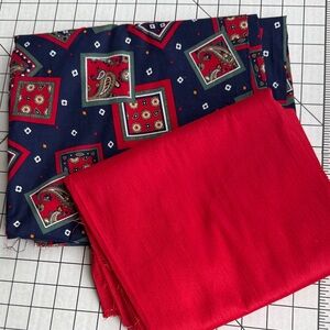 Pair of Vintage Fabrics – Navy Bandana Print Cotton  & Red Dupioni-Style Fabric